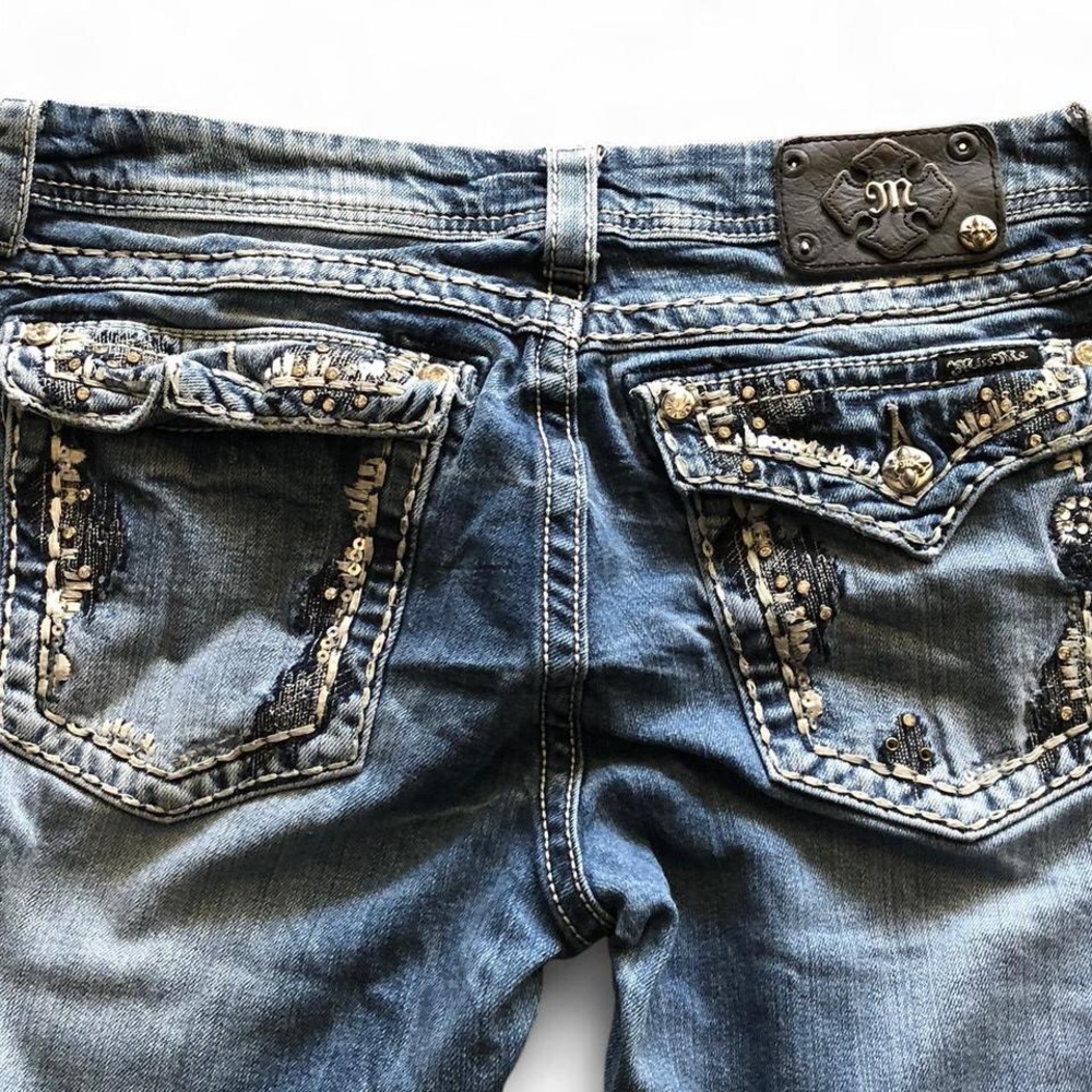 Miss Me Blue Distressed Boot Cut Jeans with Embellished Pockets